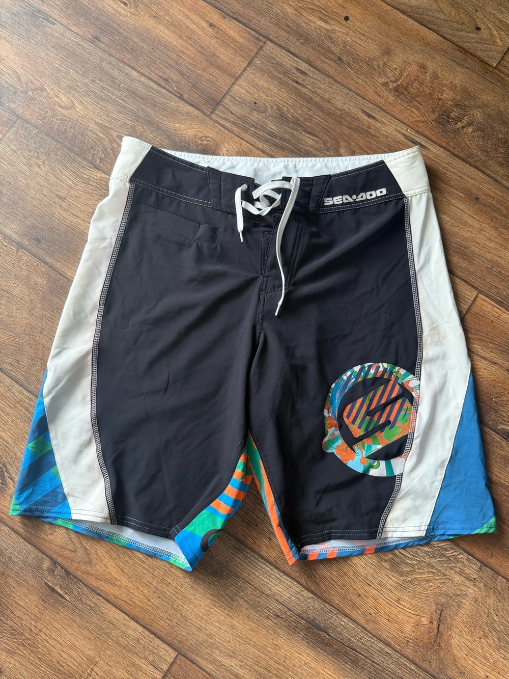 Seadoo Men’s Black and White Board Shorts with Multicolor Graphic